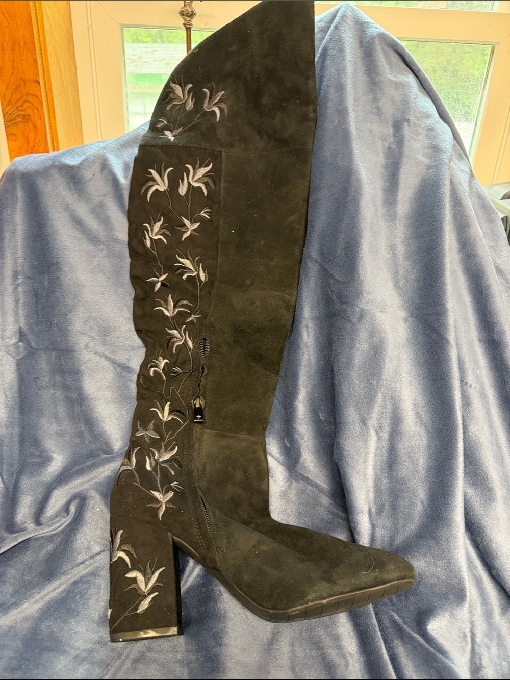 Kenneth Cole Black Suede Over-the-Knee Boots with Floral Embroidery
